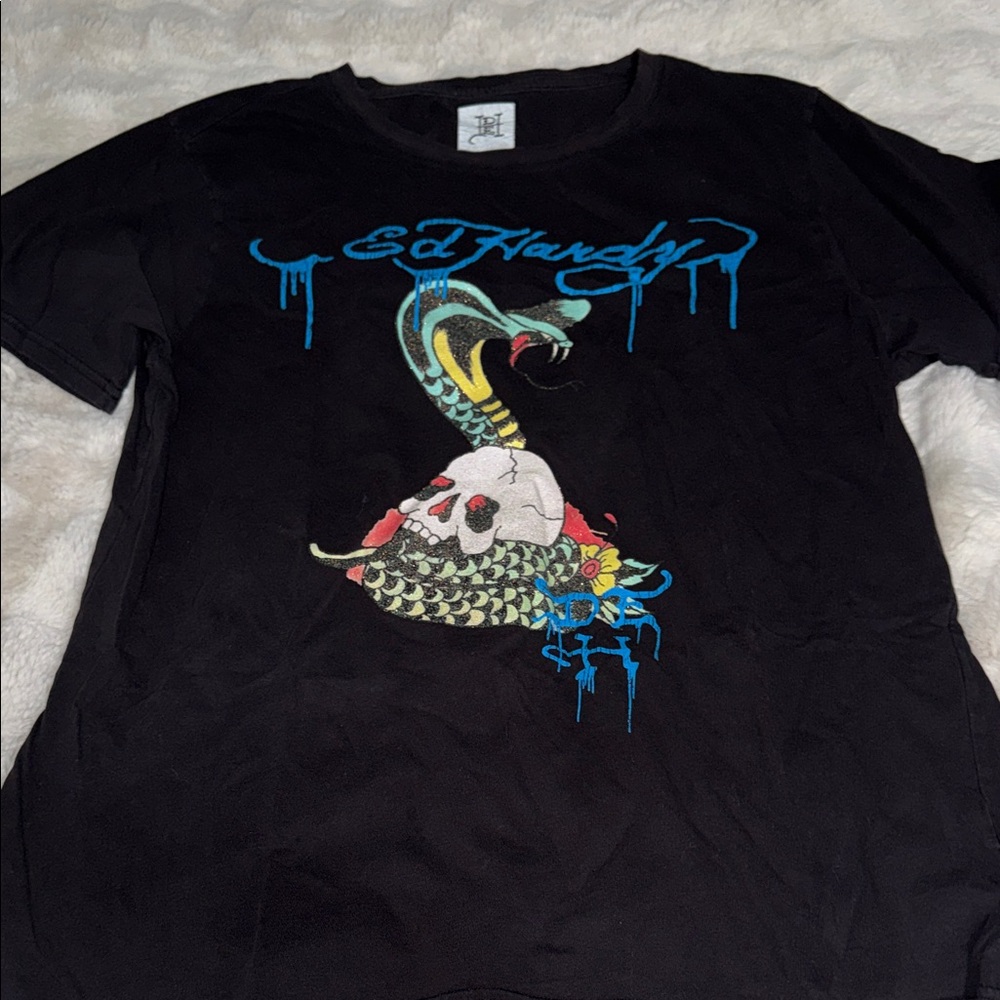 Ed Hardy Black Tee with Vibrant Snake and Skull Design